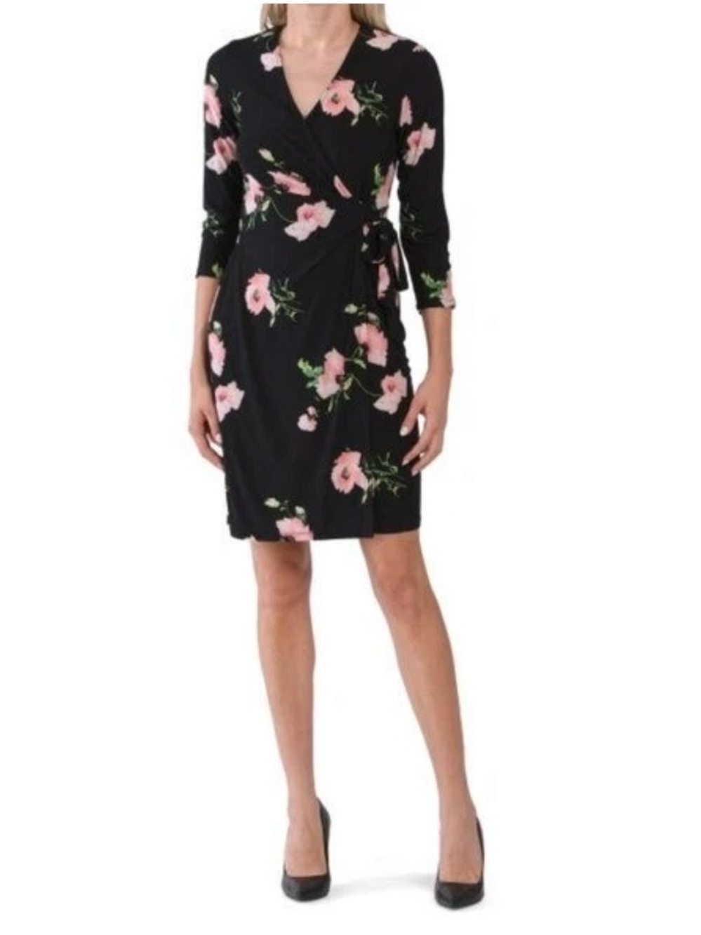 Anne Klein Black Floral Wrap Midi Dress with Pink Blossoms